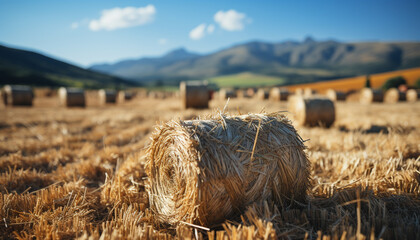 Rural scene farm meadow, haystacks, rolled up wheat, autumn harvest generated by AI