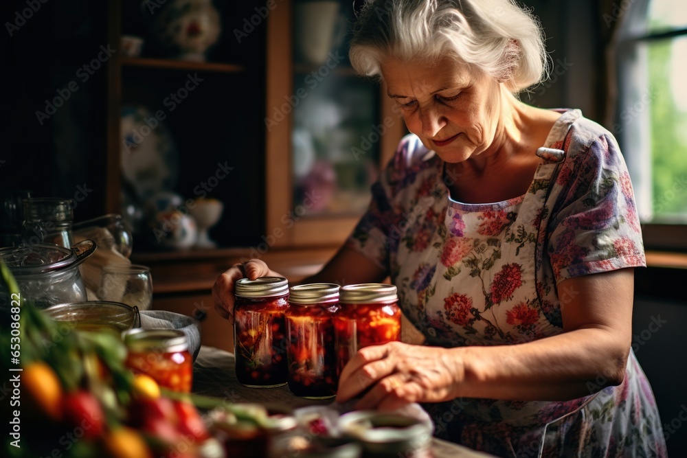 Wall mural old woman making preserves.