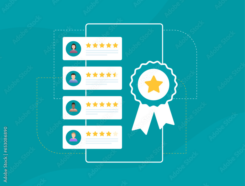 Poster trusted user reviews business concept. customer satisfaction with verified rating and real feedbacks