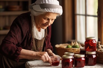 Old woman making preserves. - obrazy, fototapety, plakaty