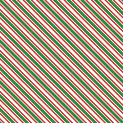 Red and green stripes diagonal seamless pattern on white background. Vector Christmas Background.