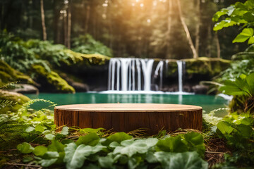 An Empty Rustic Wood Product Display Podium In The Middle Of A Waterfall view Premade Photo Mockup Background
