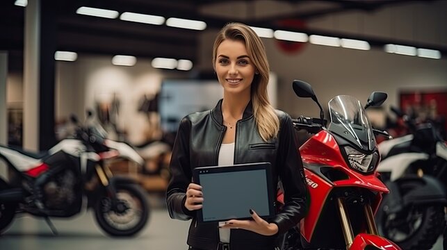 A saleswoman holds a Smiling Gym file. Behind it is a new big bike in the showroom.
