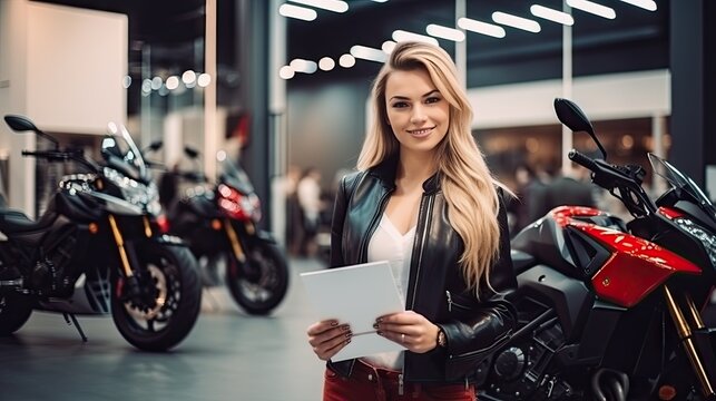 A saleswoman holds a Smiling Gym file. Behind it is a new big bike in the showroom.