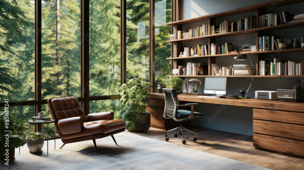 Poster a modern large office with large windows and a computer
