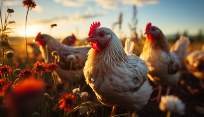 Chickens graze in meadow, nature beauty looking back generated by AI - obrazy, fototapety, plakaty