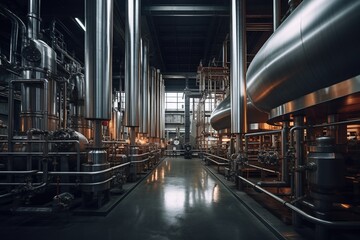 Modern industrial boiler room with large metal tanks and pipes at industry factory. 