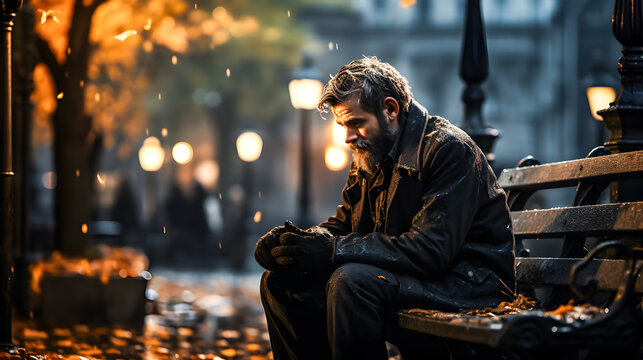 The homeless man was sitting dejectedly on a long pew.