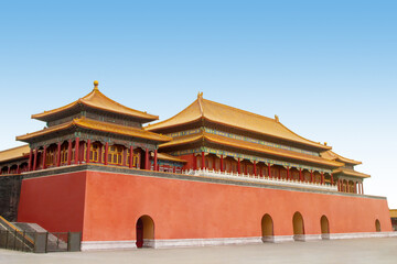View of palace in Forbidden city against blue sky in Beijing.