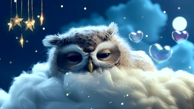Lullaby For Babies video template looping cute owl sleep on cloud, relax and nice dream on night 4k quality	
