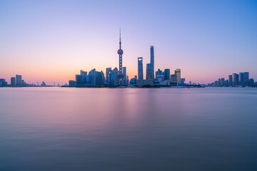 financial district in Shanghai at dusk , China , Asia