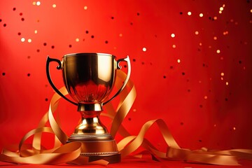 Golden trophy and streamers in sport competition with red background.