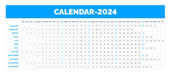 2024 linear calendar. Linear horizontal planner desktop calendar for 2024 year. corporate business Yearly calendar template. Annual schedule grid with 12 months. Horizontal, landscape orientation.