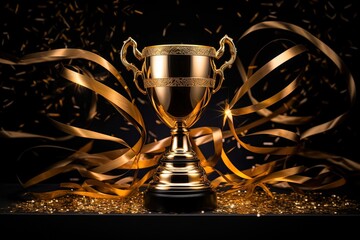 Golden trophy and streamers in sport competition with black background. - obrazy, fototapety, plakaty