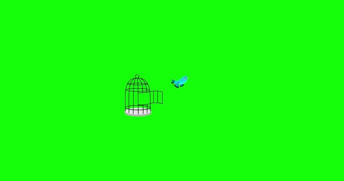 Freedom of a blue bird captive in a cage greenbox isolated version. Cartoon character animation cute animal. Making freee good as metaphor for any material.