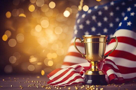 Golden trophy and streamers in sport competition with American flag in background.