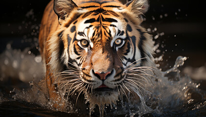 Obraz premium Bengal tiger, fierce and majestic, stares into reflection generated by AI