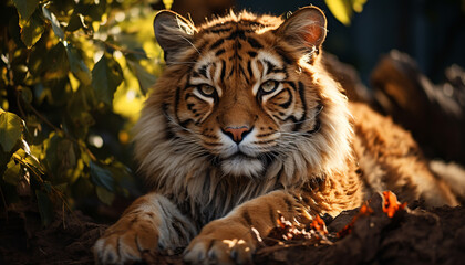 Majestic Bengal tiger staring, wild beauty in nature generated by AI