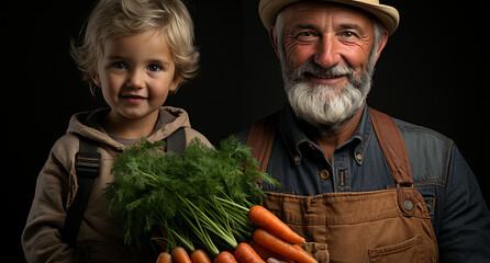 Smiling senior men holding carrot, looking at camera happily generated by AI