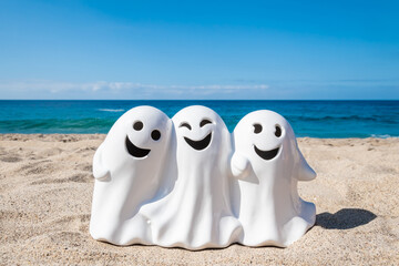 Halloween beach background with three smiling ghosts