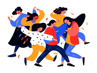 Group of girls and women dancing and jumping, celebrating holidays, corporative party. Funny cartoon graphic, vector art, bright and stylish.
