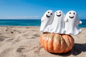 Halloween beach background with pumpkins - 653089403