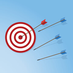 Blue arrows missed hitting target and only red one hits the center. Business challenge failure and success concept. 