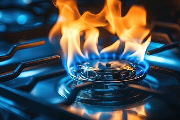 Blue flame on a gas stove. - obrazy, fototapety, plakaty