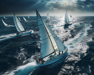 Regatta of sailing ships with white sails on the high seas - obrazy, fototapety, plakaty