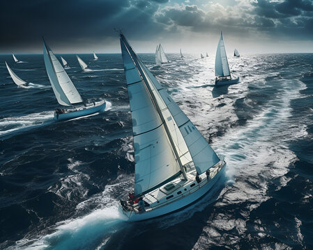 Regatta of sailing ships with white sails on the high seas © Sweet_Harmony