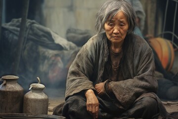 A wrinkled, lonely chinese old lady with gray hair. - obrazy, fototapety, plakaty