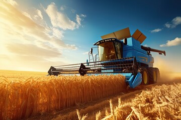 A combine in a wheat field. - obrazy, fototapety, plakaty