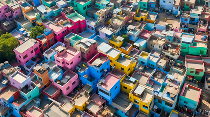 Fototapeta na wymiar Illustration of an aerial view of colorful homes in a South Asian city concept, Generative AI.