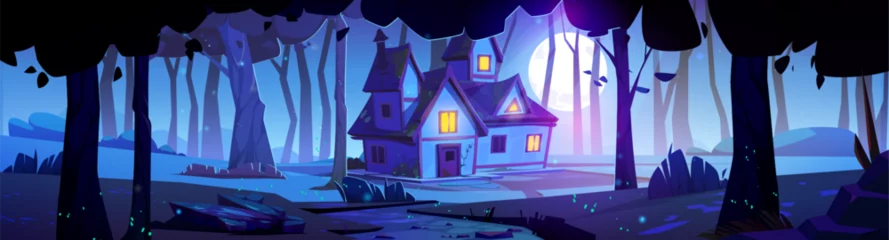  House in woods at night under moonlight. Cozy, calm house with light in windows stands among trees in dark nighttime. Cartoon vector forest landscape with fireflies and full moon, countryside cabin. © klyaksun