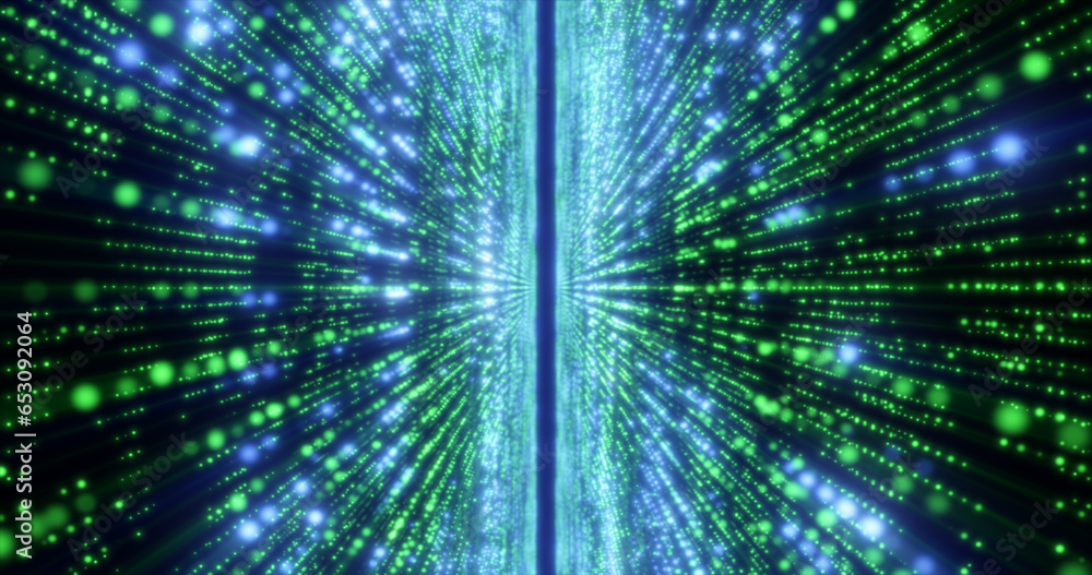 Poster abstract green energy hi-tech lines and digital particles fly in a tunnel with bokeh effect glowing 