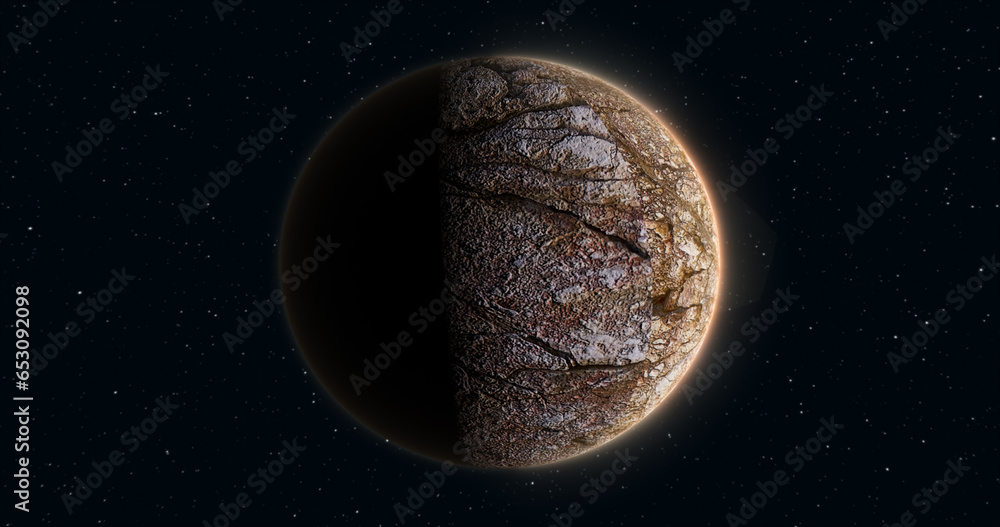 Poster abstract realistic space planet round sphere with a stone relief surface in space against the backgr