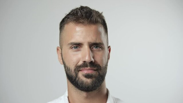 30s man show many different emotion set. Angry guy say omg wow yes no. Male actor fool around. Cool joy artist pose close up. Funny person winks. Happy model smile. Young brutal adult look at camera.