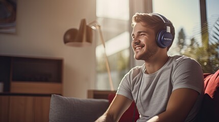 Happy young man wearing wireless headphones at home.