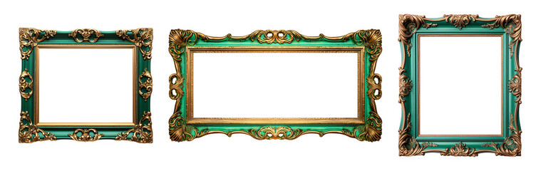 Green carved wooden frame. Carved gilded frame on isolated background, Neoclassical full picture frame.