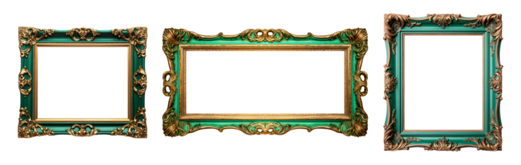 Green carved wooden frame. Carved gilded frame on isolated background, Neoclassical full picture frame.