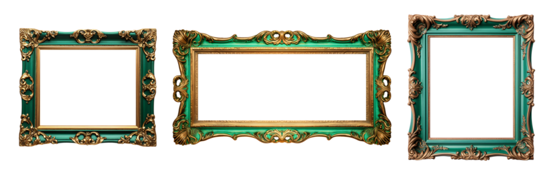 Green carved wooden frame. Carved gilded frame on isolated background, Neoclassical full picture frame.
