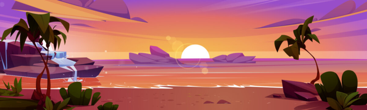 Summer sunset beach with palm tree and orange sky vector landscape. Tropical miami island nature evening illustration. Beautiful boulder rock waterfall on coast. Romantic thailand shore scene