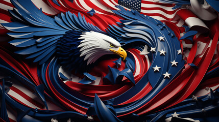 Wavy abstract American flag and shaping the eagle symbolizing strength and freedom . 4th of July Memorial or Independence day background