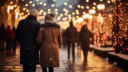 back view of couple walking on snowy street with christmas lights on background