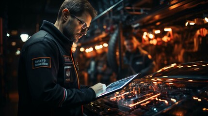 A male engineer works with a tablet in an industrial workshop. A worker diagnoses and checks equipment on a tablet - obrazy, fototapety, plakaty