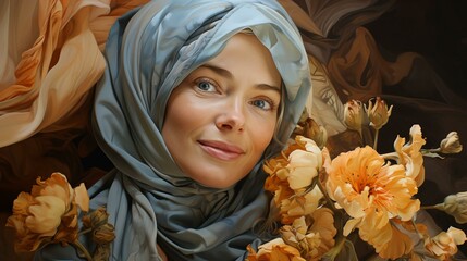Beautiful adult woman in headscarf face closeup - obrazy, fototapety, plakaty