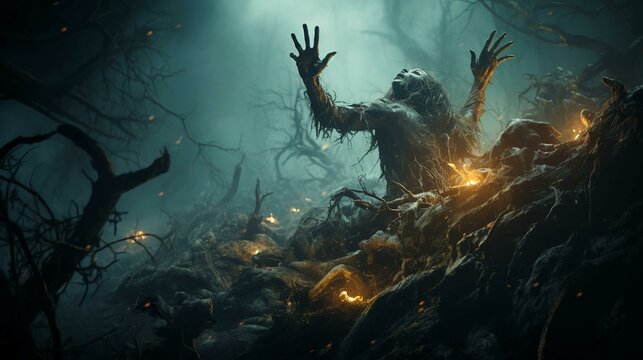 Zombies rise from the dead in a dark scary forest at night and pull their hands out of the ground for the Halloween holiday