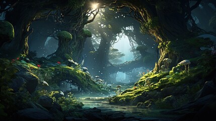 enchanted forest, digital art illustration, Generative AI