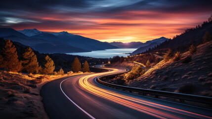 Winding lakeside road at night, bathed in the ethereal glow of moving car lights and a surreal sunset - obrazy, fototapety, plakaty