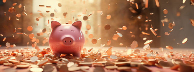 A pink piggy bank surrounded by coins evoking a sense of savings and wealth - obrazy, fototapety, plakaty